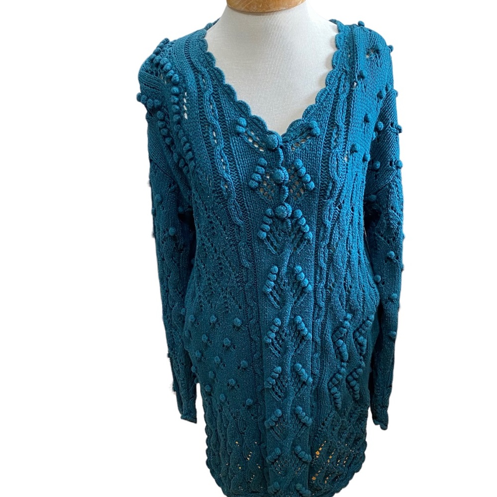 Vintage Yarnworks Handknit Green Loose Sweater Size M Tunic Length Chunky Knit